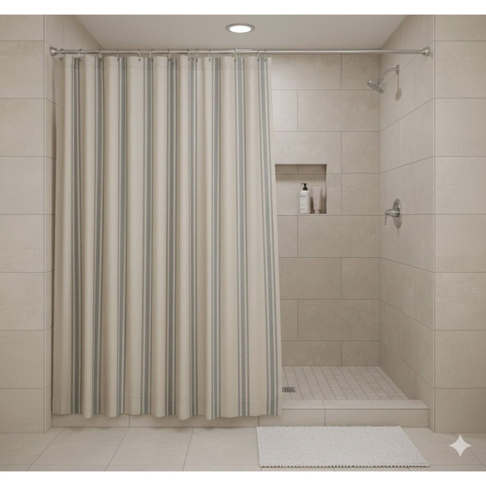 VHC BRANDS APRIL&OLIVE SHOWER CURTAIN Tan Creame And Blue Stripes ONE PANEL